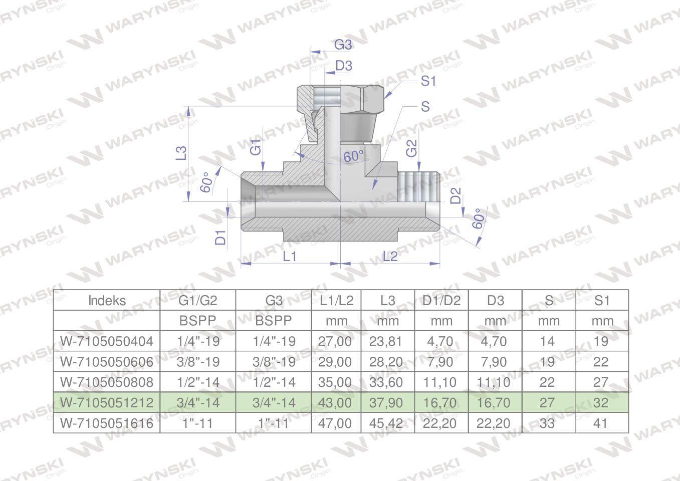 Trójnik hydrauliczny symetryczny calowy BAB 3/4" BSP (XEVT) Waryński
