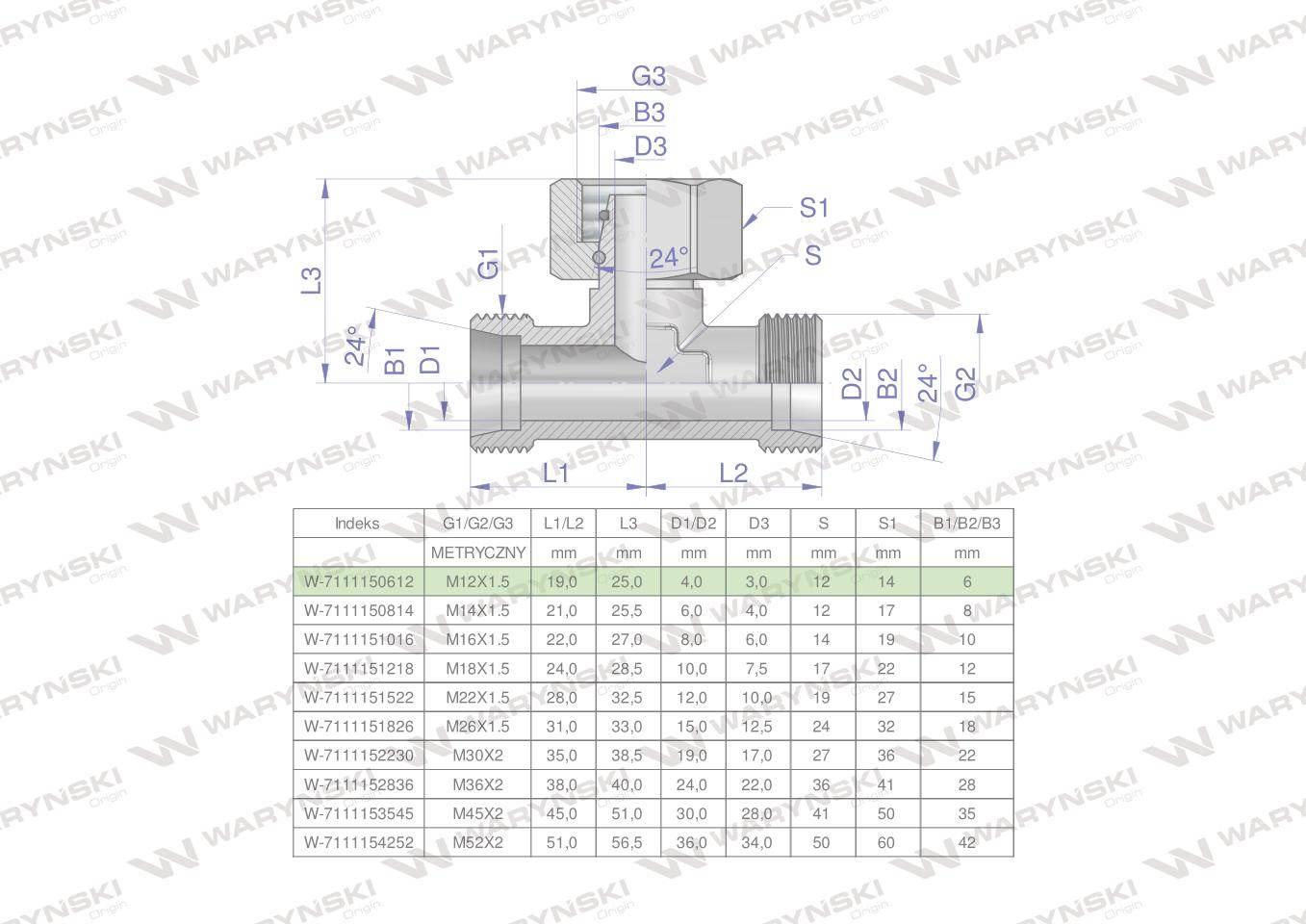 Trójnik hydrauliczny symetryczny metryczny BAB M12x1.5 06L (XEVT) Waryński