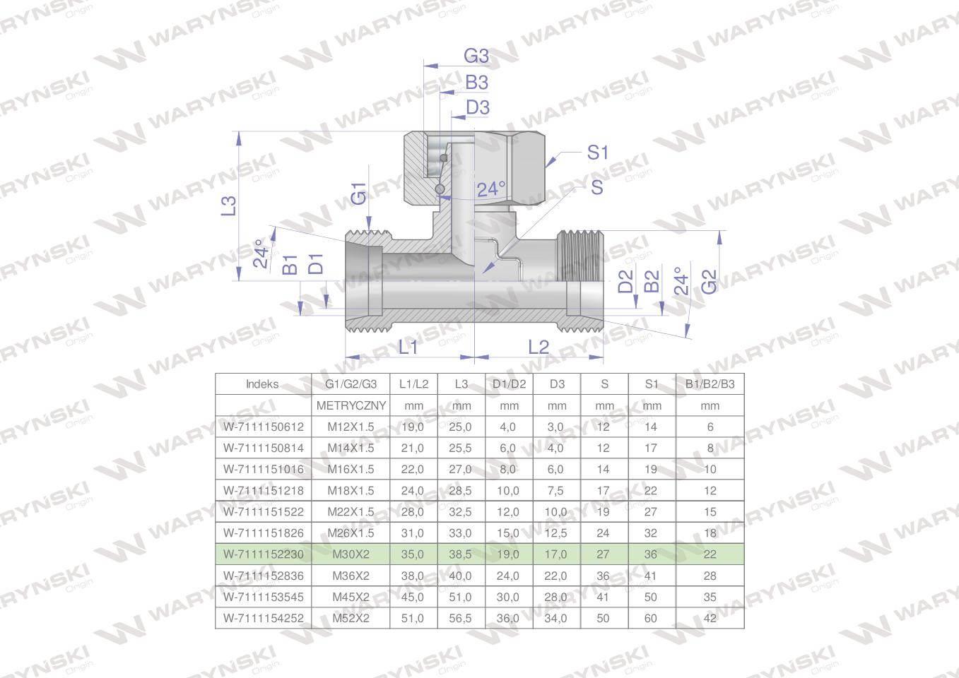 Trójnik hydrauliczny symetryczny metryczny BAB M30x2 22L (XEVT) Waryński