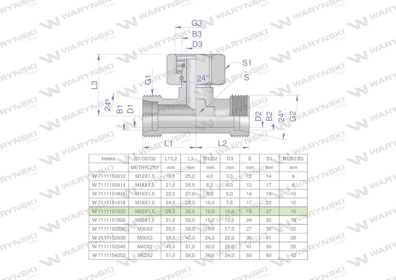 Trójnik hydrauliczny symetryczny metryczny BAB M22x1.5 15L (XEVT) Waryński