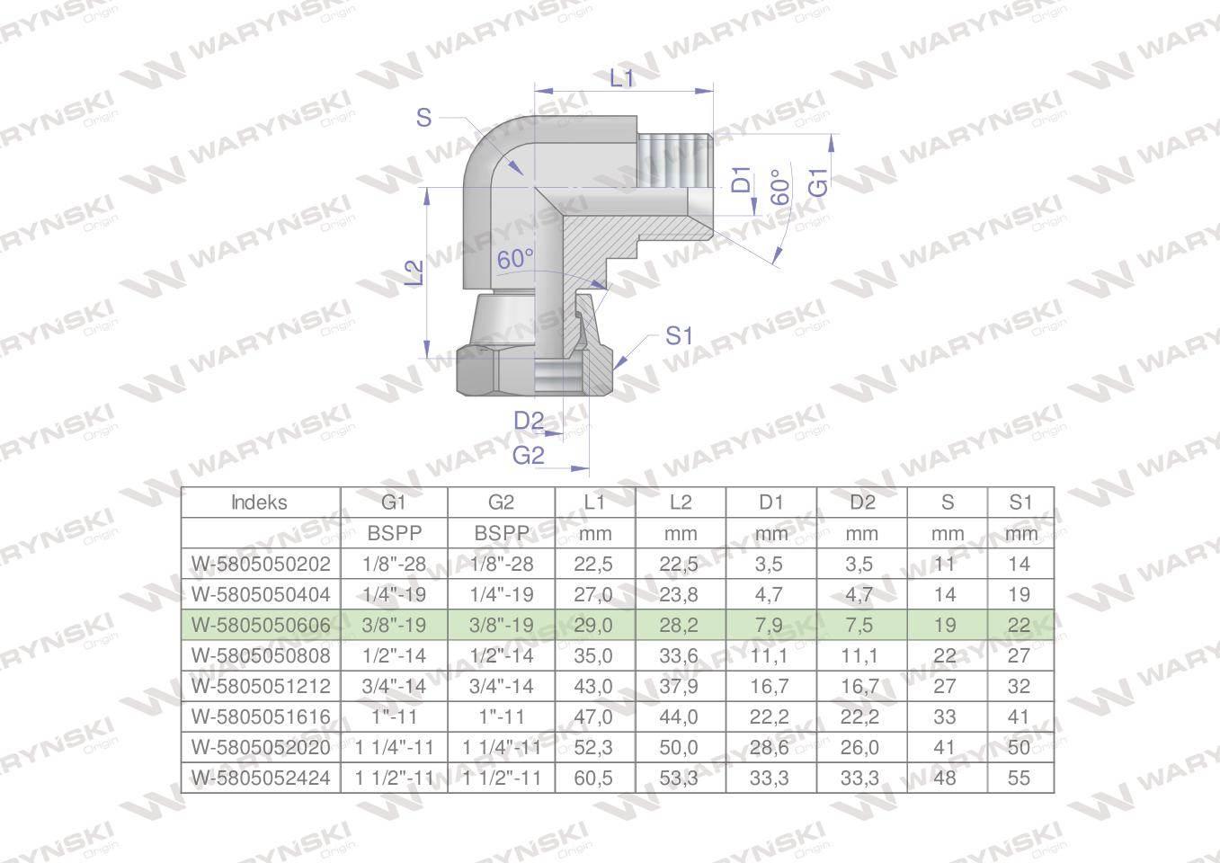 Kolanko hydrauliczne calowe AB 3/8" BSP Waryński W-5805050606