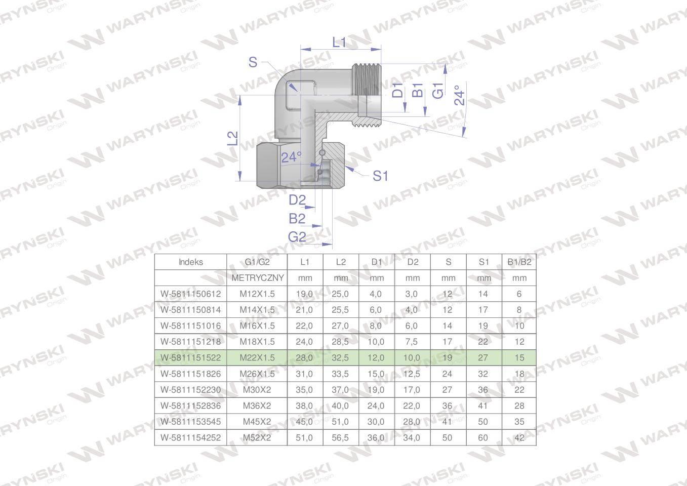 Kolanko hydrauliczne metryczne AB M22x1.5 15L (XEVW) Waryński 5szt