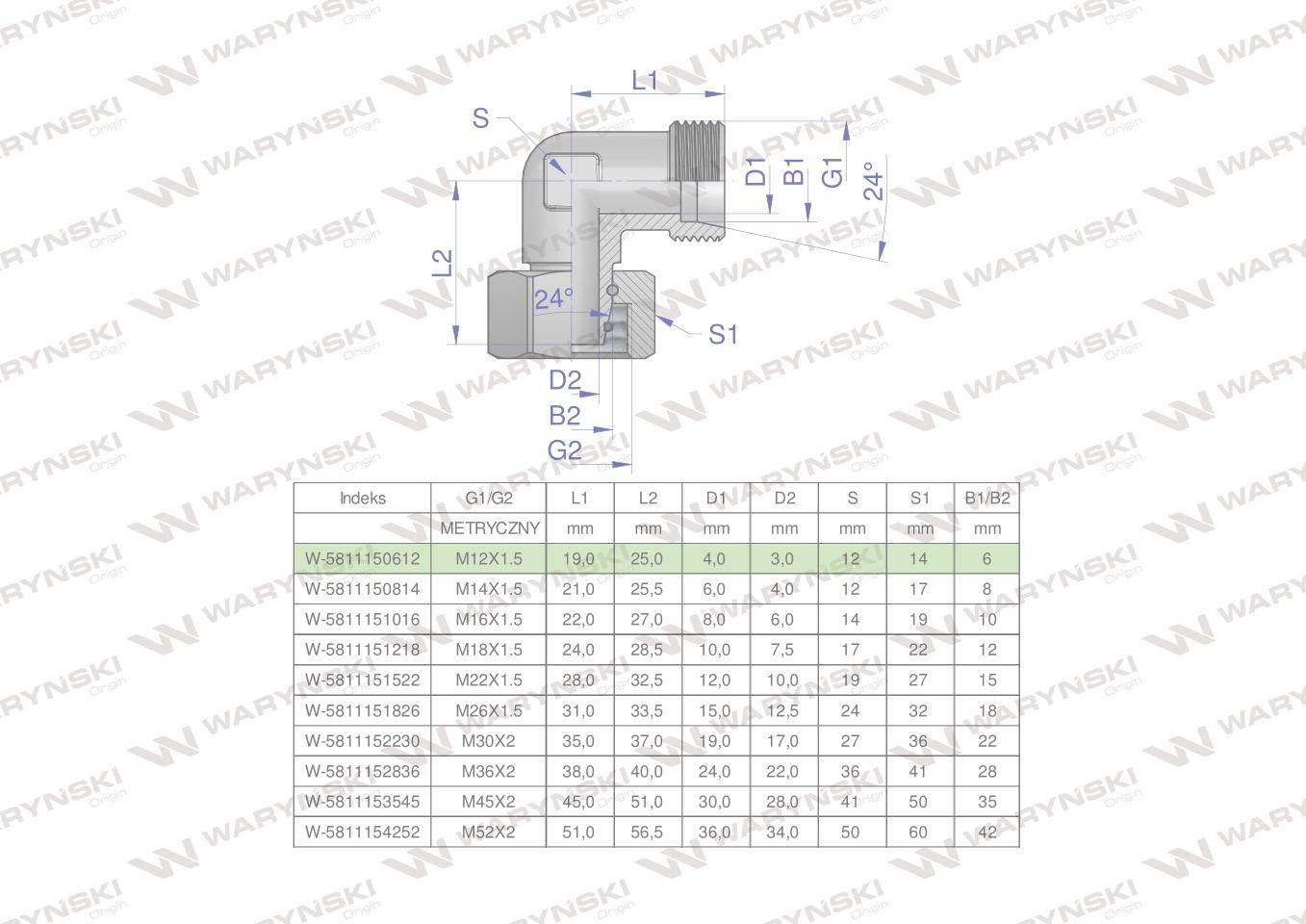 Kolanko hydrauliczne metryczne AB M12x1.5 06L (XEVW) Waryński 2szt