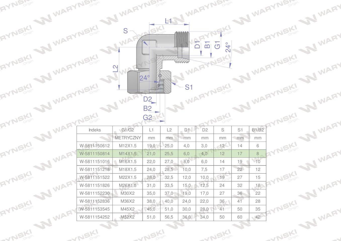 Kolanko hydrauliczne metryczne AB M14x1.5 08L (XEVW) Waryński 2szt