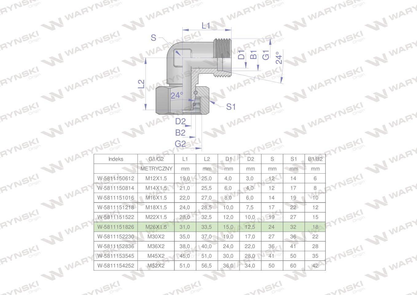 Kolanko hydrauliczne metryczne AB M26x1.5 18L (XEVW) Waryński W-5811151826