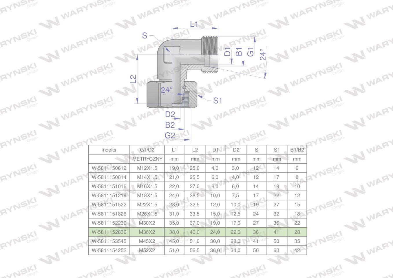 Kolanko hydrauliczne metryczne AB M36x2 28L (XEVW) Waryński W-5811152836
