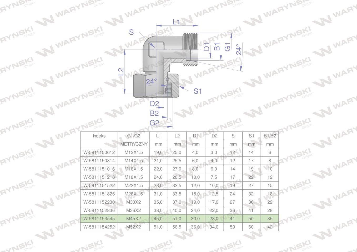 Kolanko hydrauliczne metryczne AB M45x2 35L (XEVW) Waryński W-5811153545
