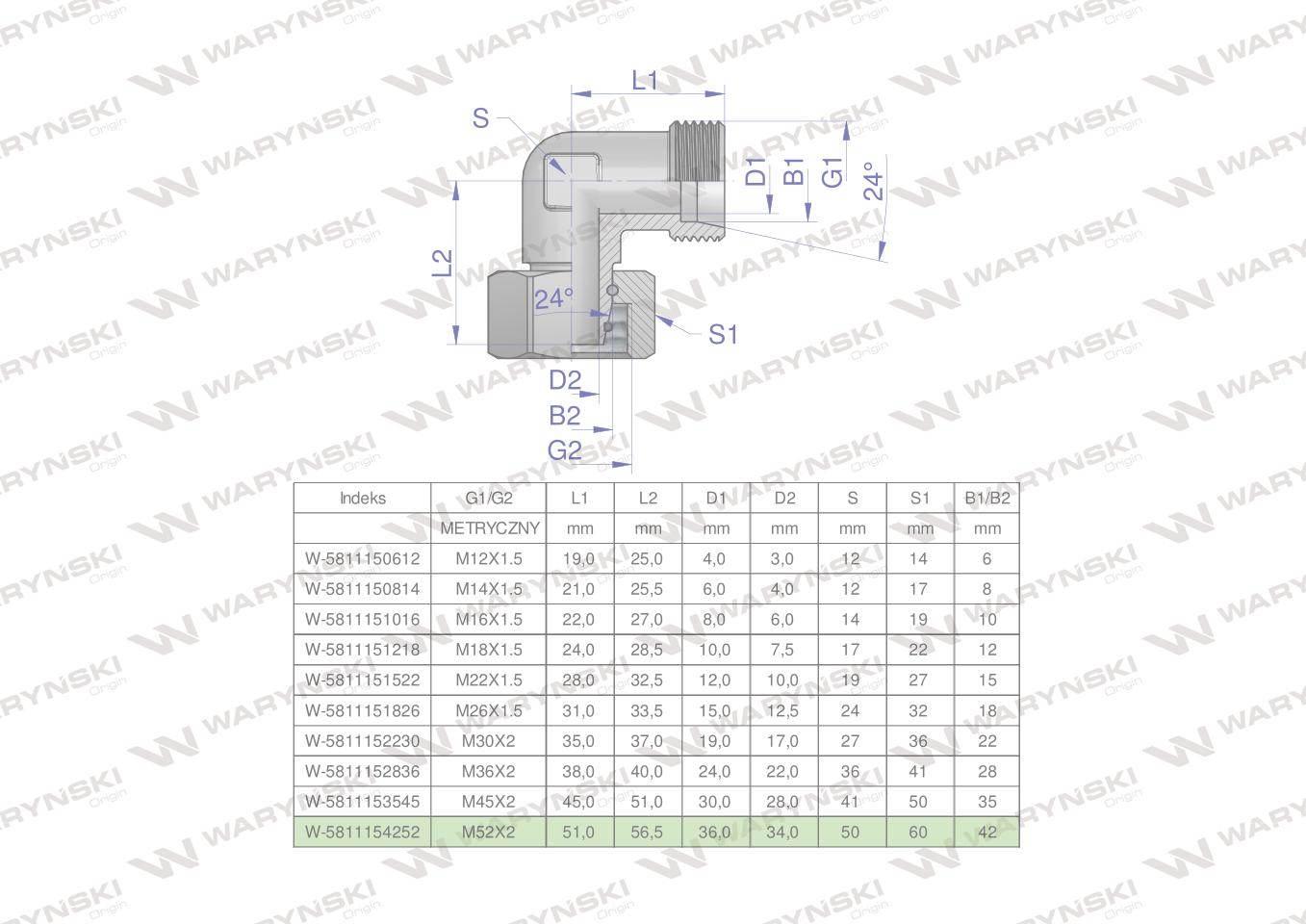 Kolanko hydrauliczne metryczne AB M52x2 42L (XEVW) Waryński W-5811154252