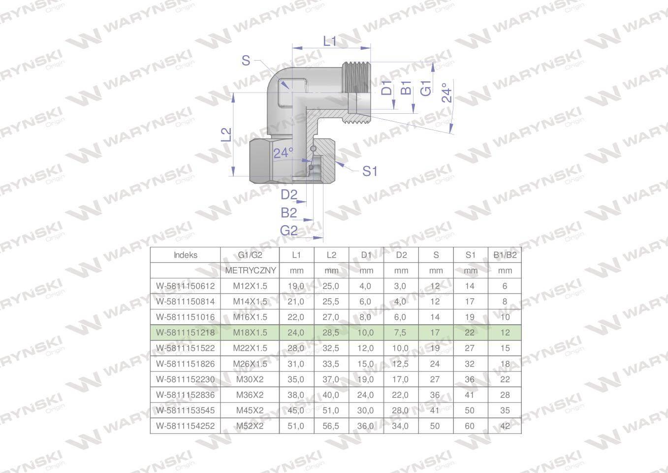Kolanko hydrauliczne metryczne AB M18x1.5 12L (XEVW) Waryński 5szt