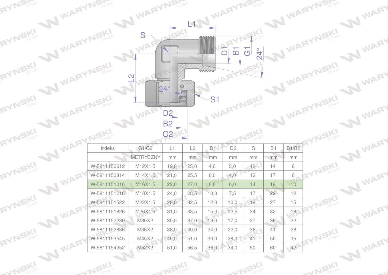 Kolanko hydrauliczne metryczne AB M16x1.5 10L (XEVW) Waryński 5szt