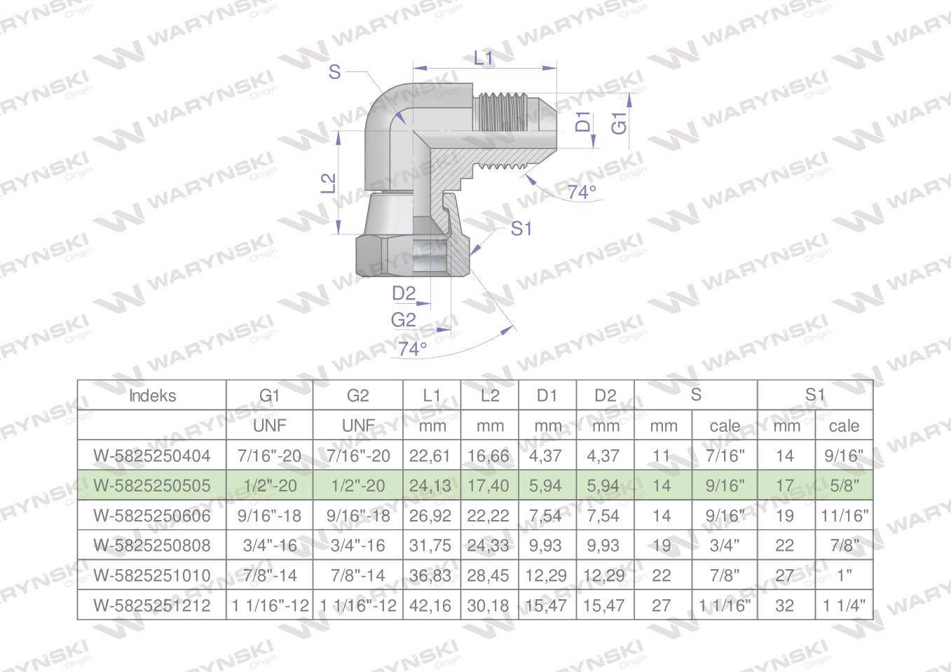 Kolanko hydrauliczne calowe AB 1/2" UNF (JIC) Waryński W-5825250505
