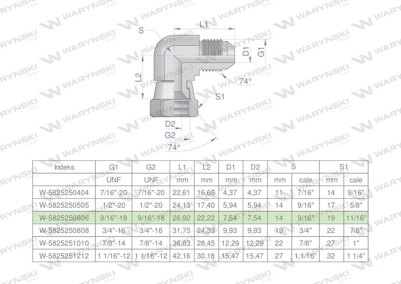 Kolanko hydrauliczne calowe AB 9/16" UNF (JIC) Waryński W-5825250606