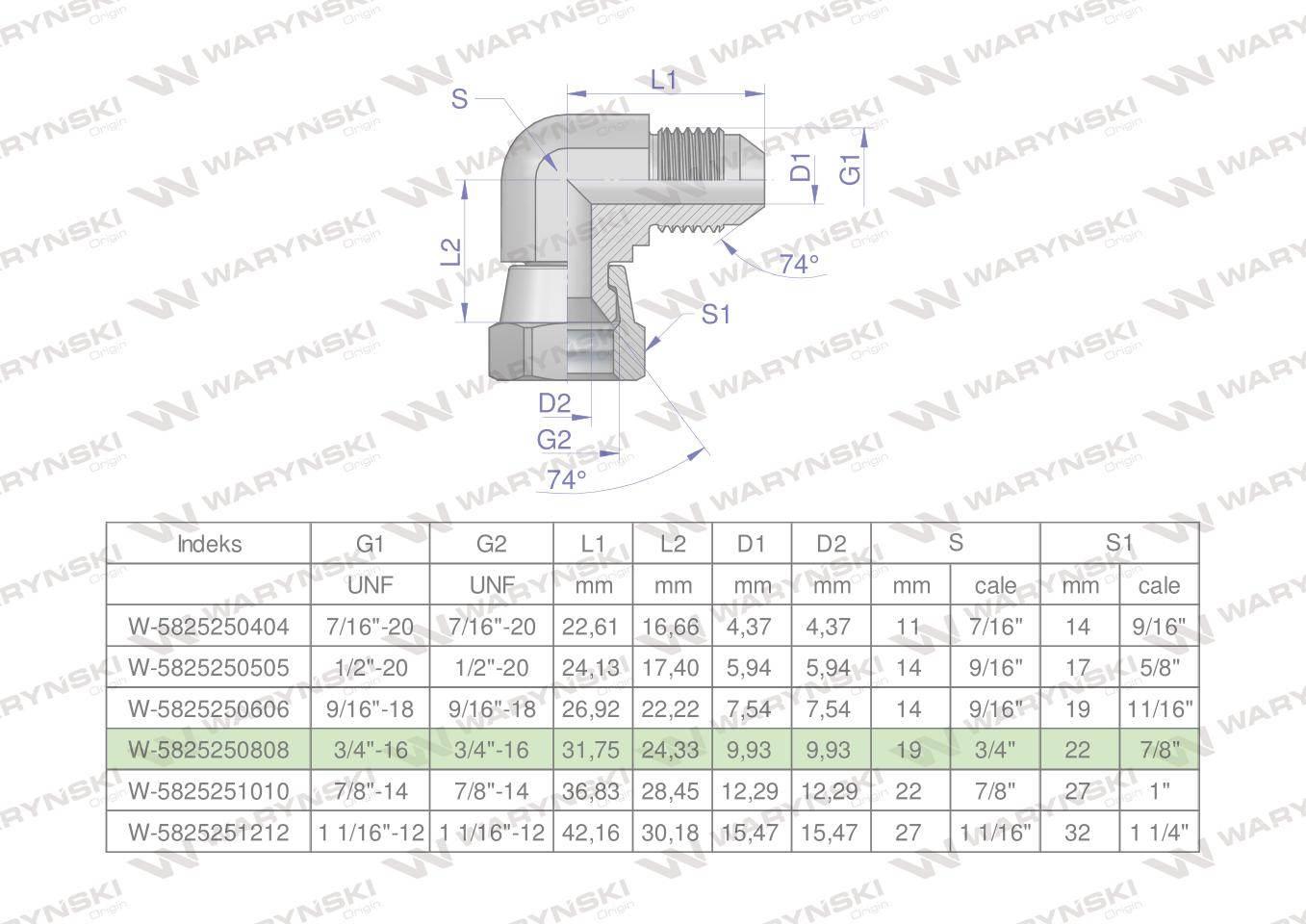 Kolanko hydrauliczne calowe AB 3/4" UNF (JIC) Waryński W-5825250808