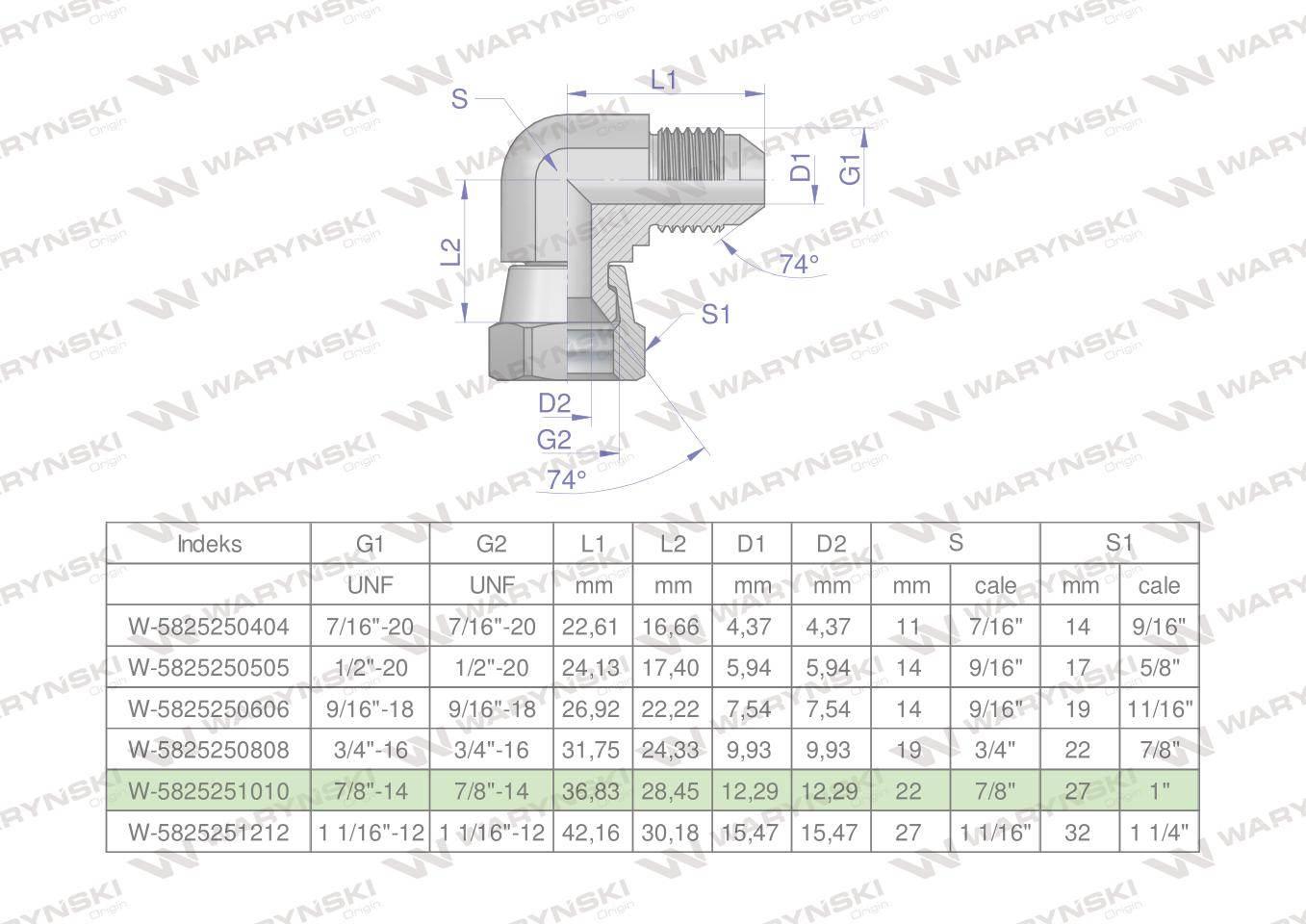 Kolanko hydrauliczne calowe AB 7/8" UNF (JIC) Waryński W-5825251010