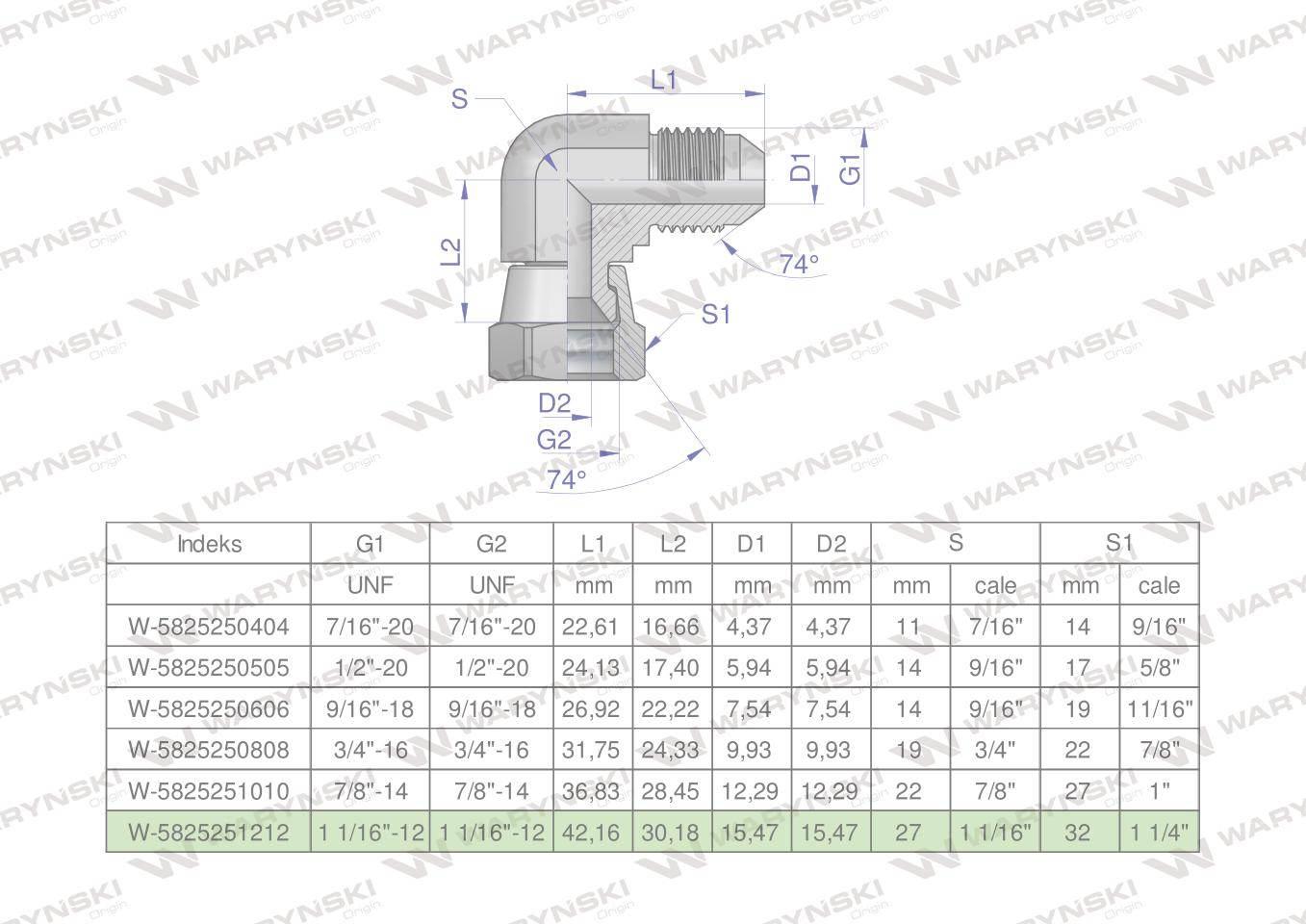 Kolanko hydrauliczne calowe AB 1 1/16" UNF (JIC) Waryński W-5825251212