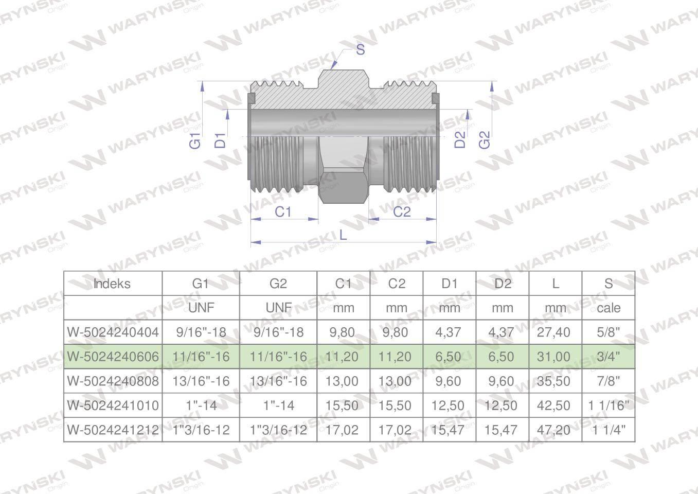 Złączka hydrauliczna calowa BB 11/16" ORFS (UNF) Waryński 2szt