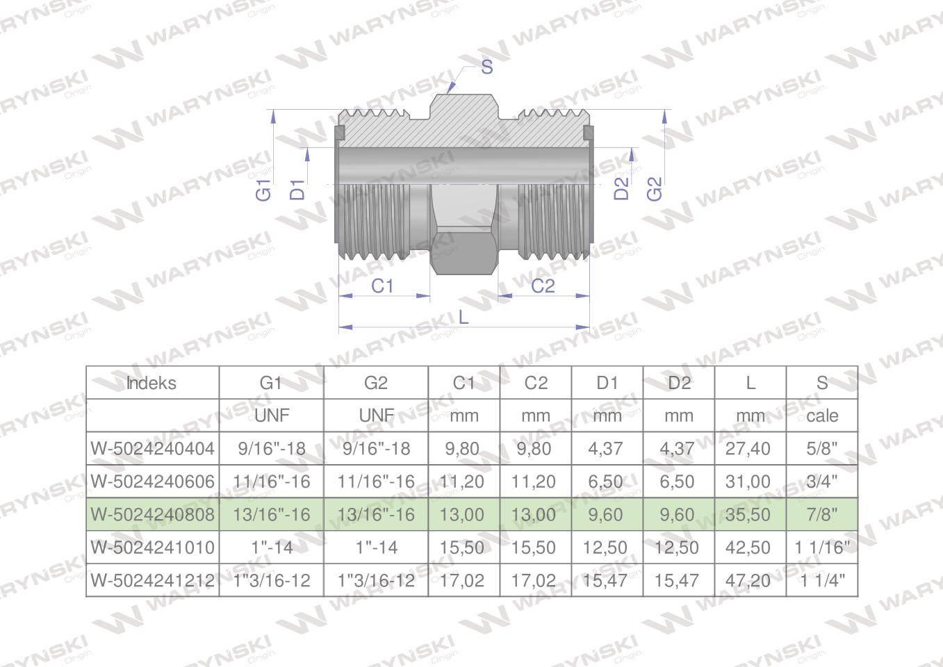 Złączka hydrauliczna calowa BB 13/16" ORFS (UNF) Waryński 2szt