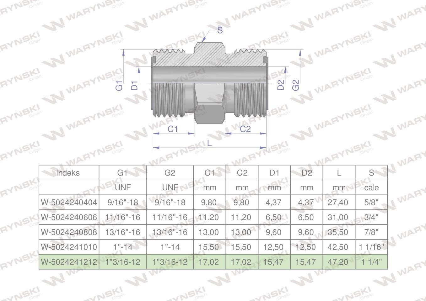 Złączka hydrauliczna calowa BB 1 3/16" ORFS (UNF) Waryński W-5024241212