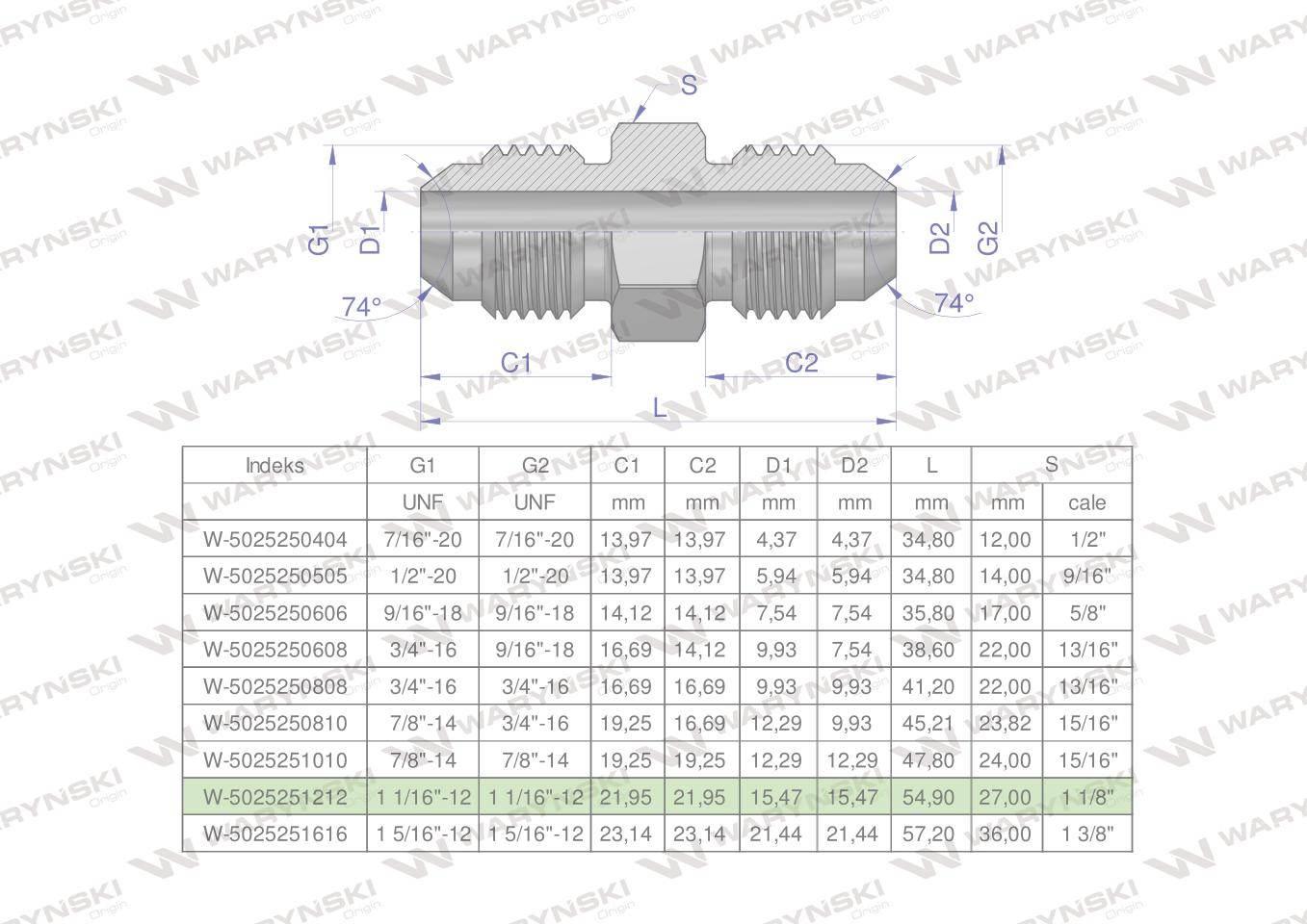 Złączka hydrauliczna calowa BB 1 1/16" UNF (JIC) Waryński W-5025251212