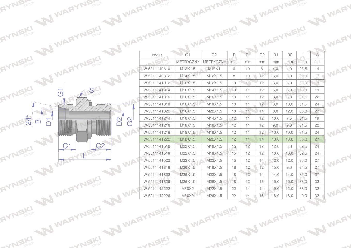 Przyłączka hydrauliczna metryczna BB (XGE) M18x1.5 12L x M22x1.5 ED Waryńsk
