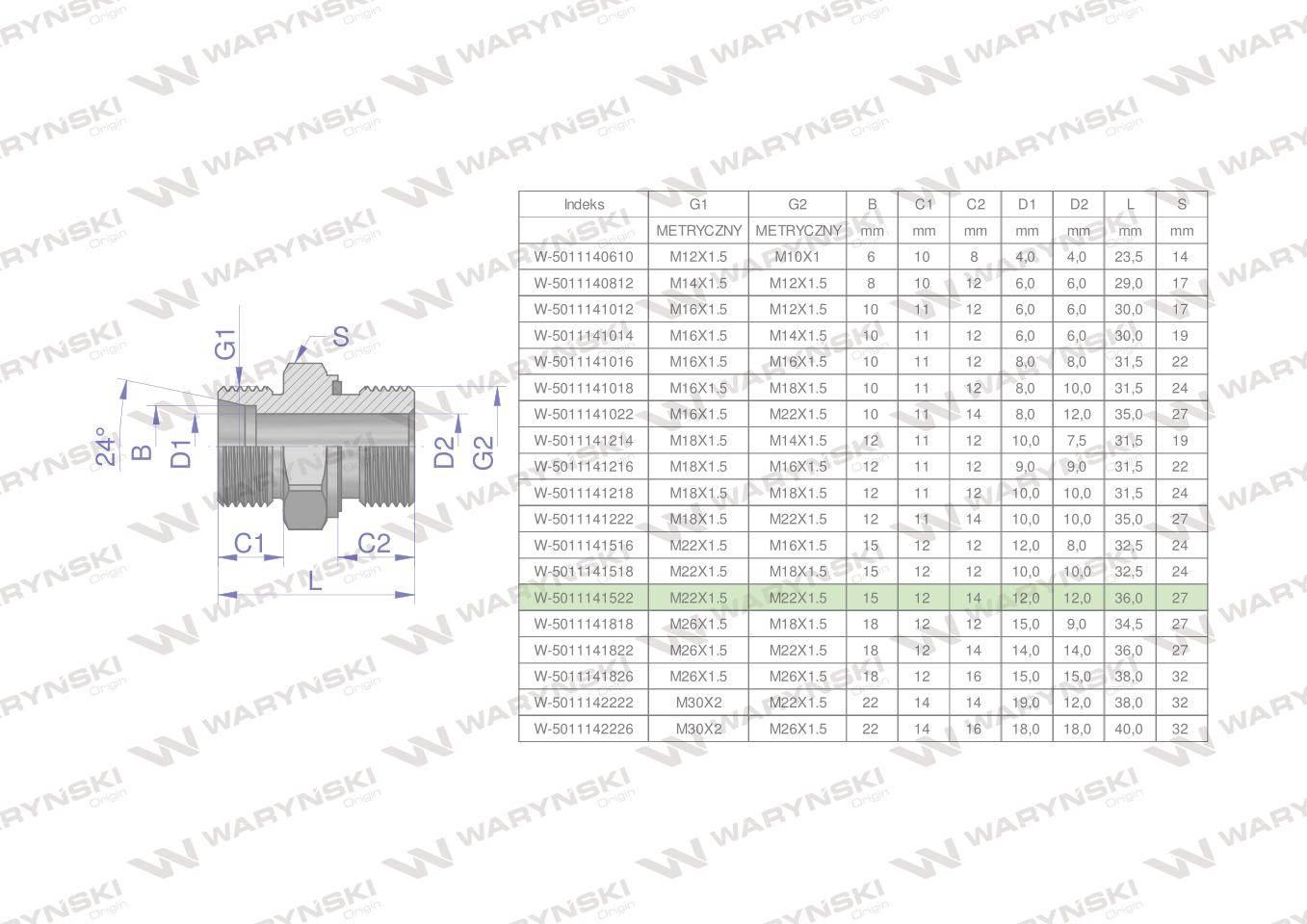 Przyłączka hydrauliczna metryczna BB (XGE) M22x1.5 15L x M22x1.5 ED Waryńsk