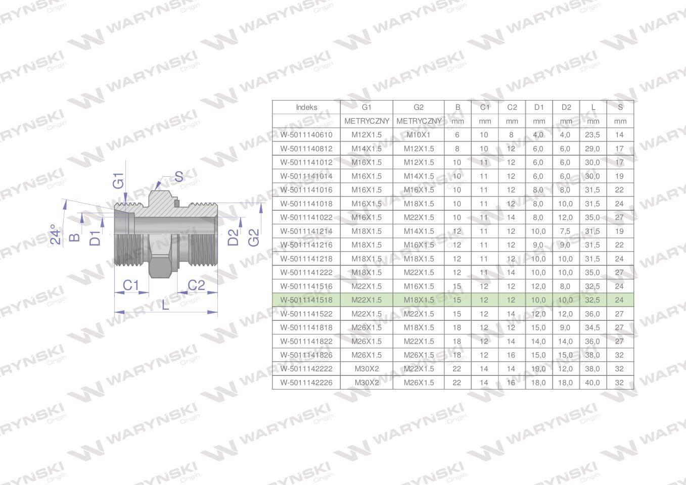 Przyłączka hydrauliczna metryczna BB (XGE) M22x1.5 15L x M18x1.5 ED Waryńsk