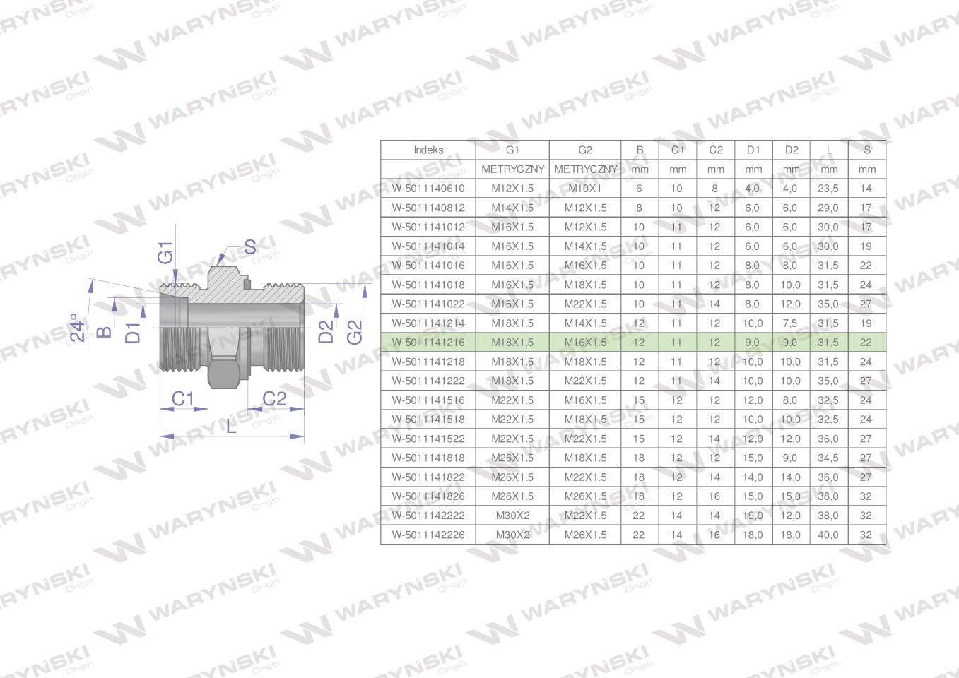 Przyłączka hydrauliczna metryczna BB (XGE) M18x1.5 12L x M16x1.5 ED Waryńsk