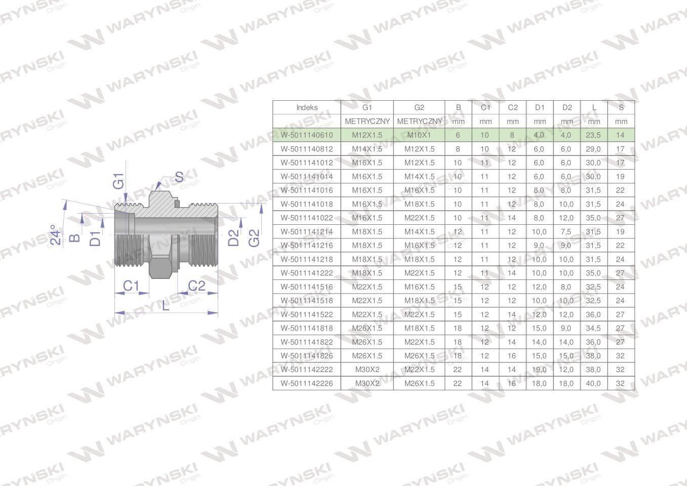 Przyłączka hydrauliczna metryczna BB (XGE) M12x1.5 06L x M10x1 ED Waryński