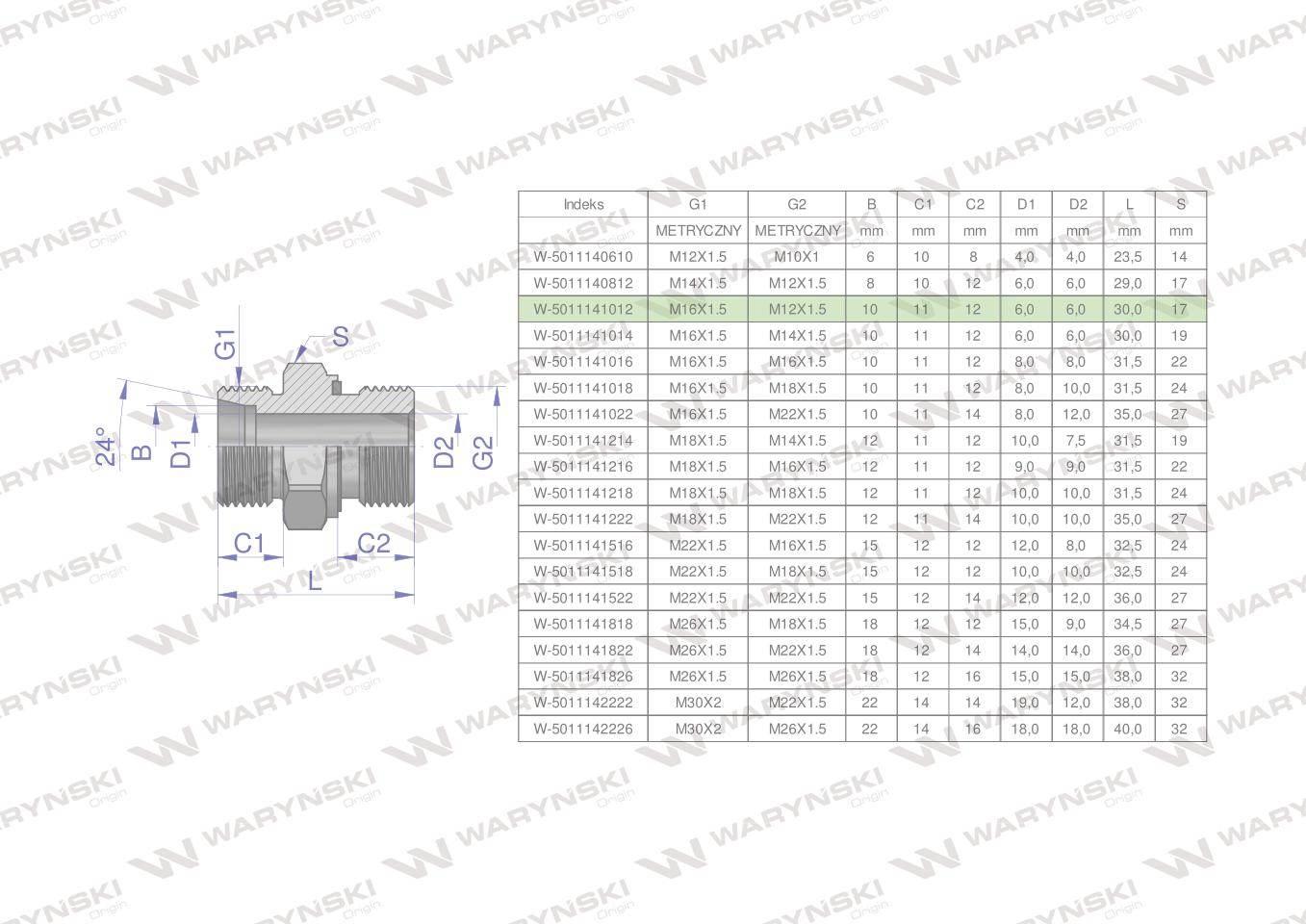 Przyłączka hydrauliczna metryczna BB (XGE) M16x1.5 10L x M12x1.5 ED Waryńsk
