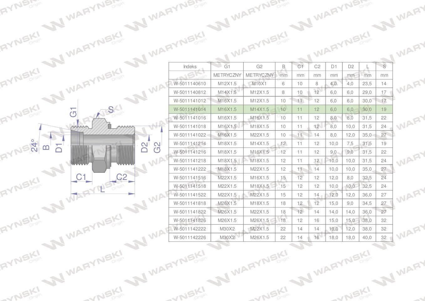 Przyłączka hydrauliczna metryczna BB (XGE) M16x1.5 10L x M14x1.5 ED Waryńsk