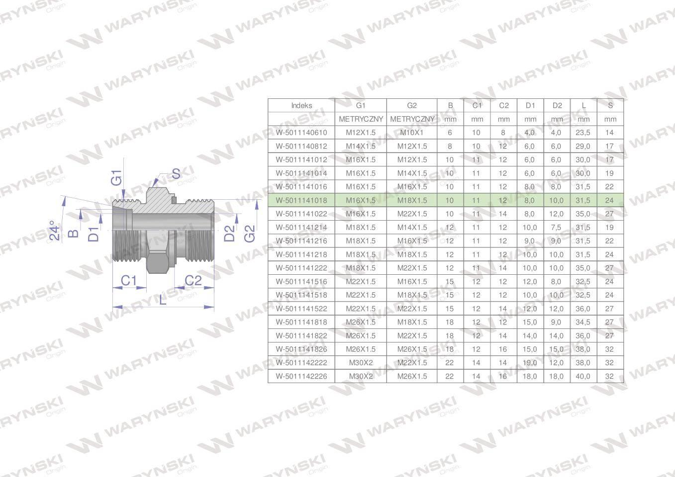Przyłączka hydrauliczna metryczna BB (XGE) M16x1.5 10L x M18x1.5 ED Waryńsk