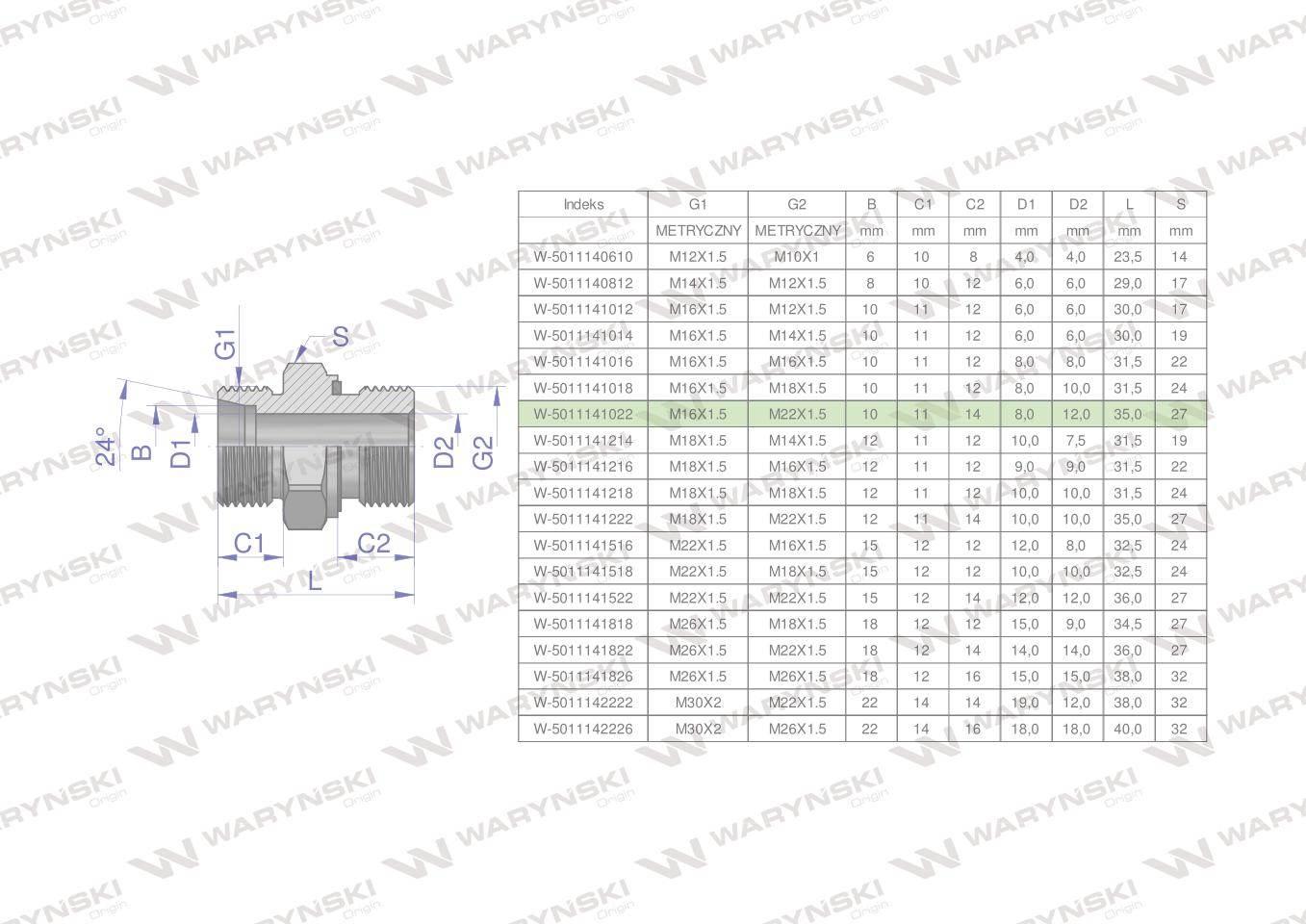 Przyłączka hydrauliczna metryczna BB (XGE) M16x1.5 10L x M22x1.5 ED Waryńsk