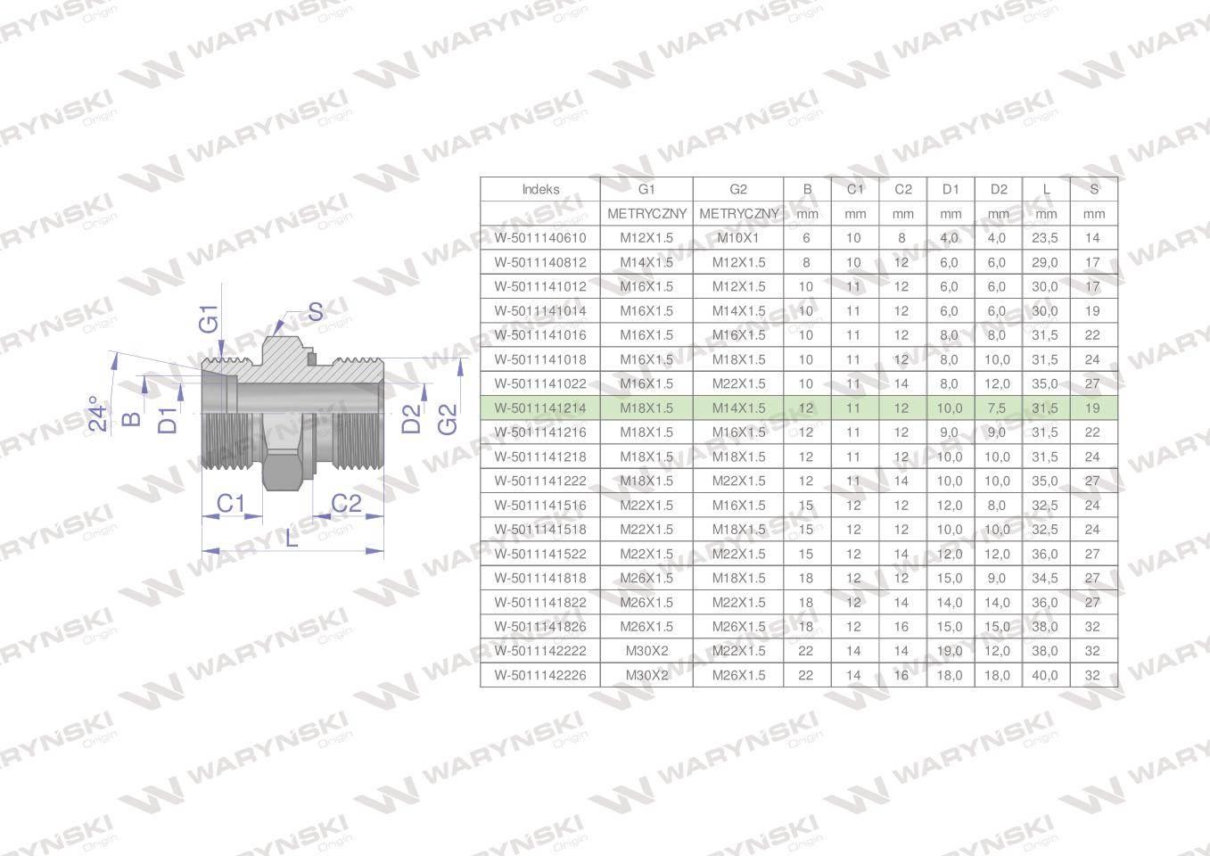 Przyłączka hydrauliczna metryczna BB (XGE) M18x1.5 12L x M14x1.5 ED Waryńsk