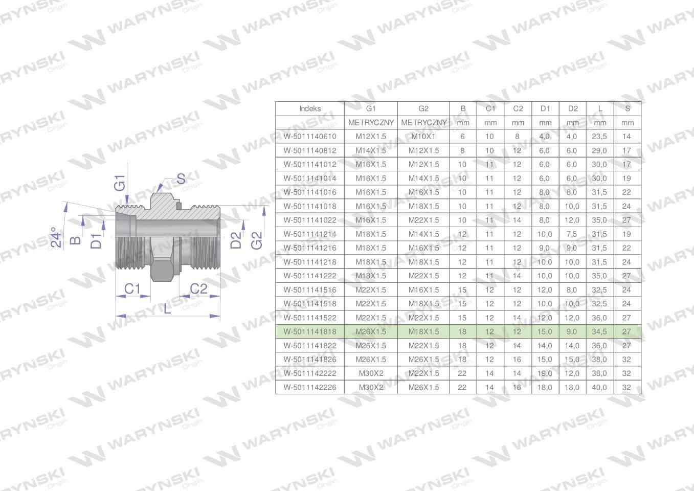 Przyłączka hydrauliczna metryczna BB (XGE) M26x1.5 18L x M18x1.5 ED Waryńsk