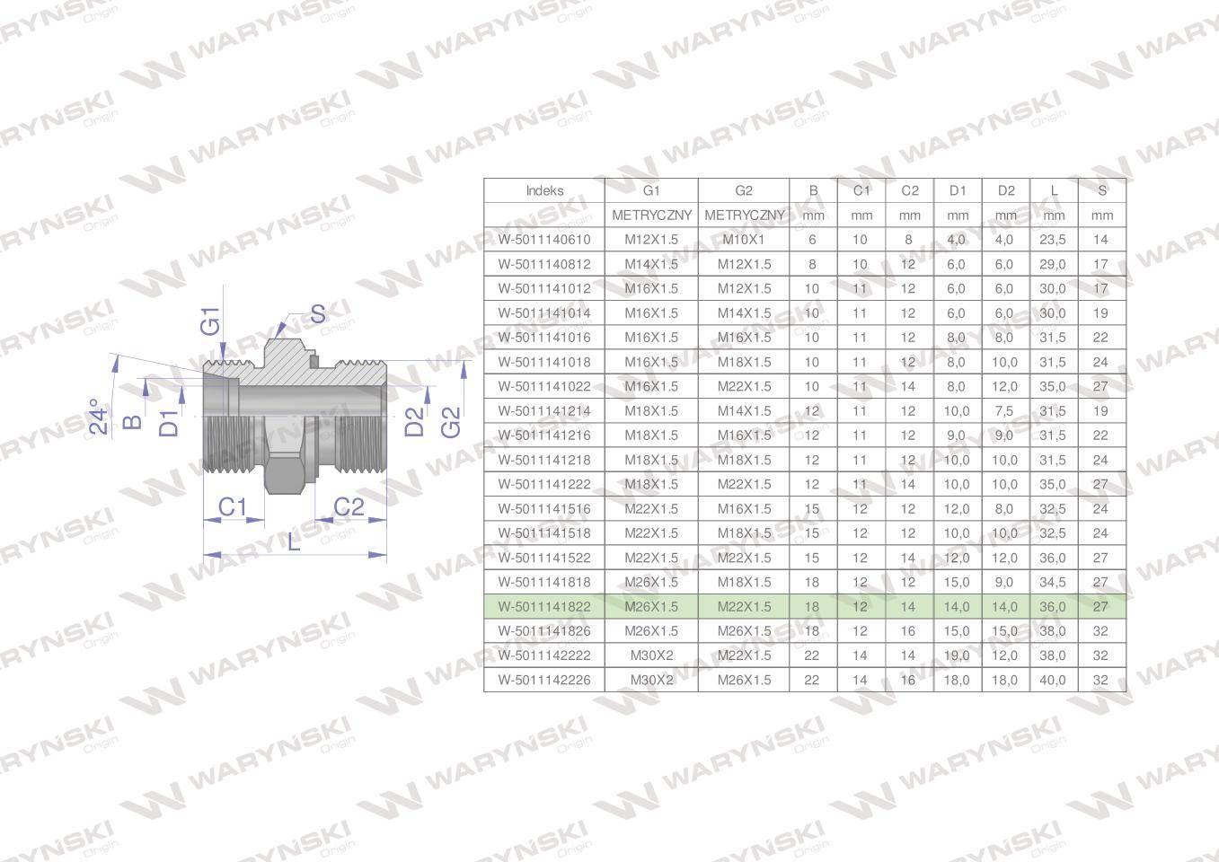 Przyłączka hydrauliczna metryczna BB (XGE) M26x1.5 18L x M22x1.5 ED Waryńsk