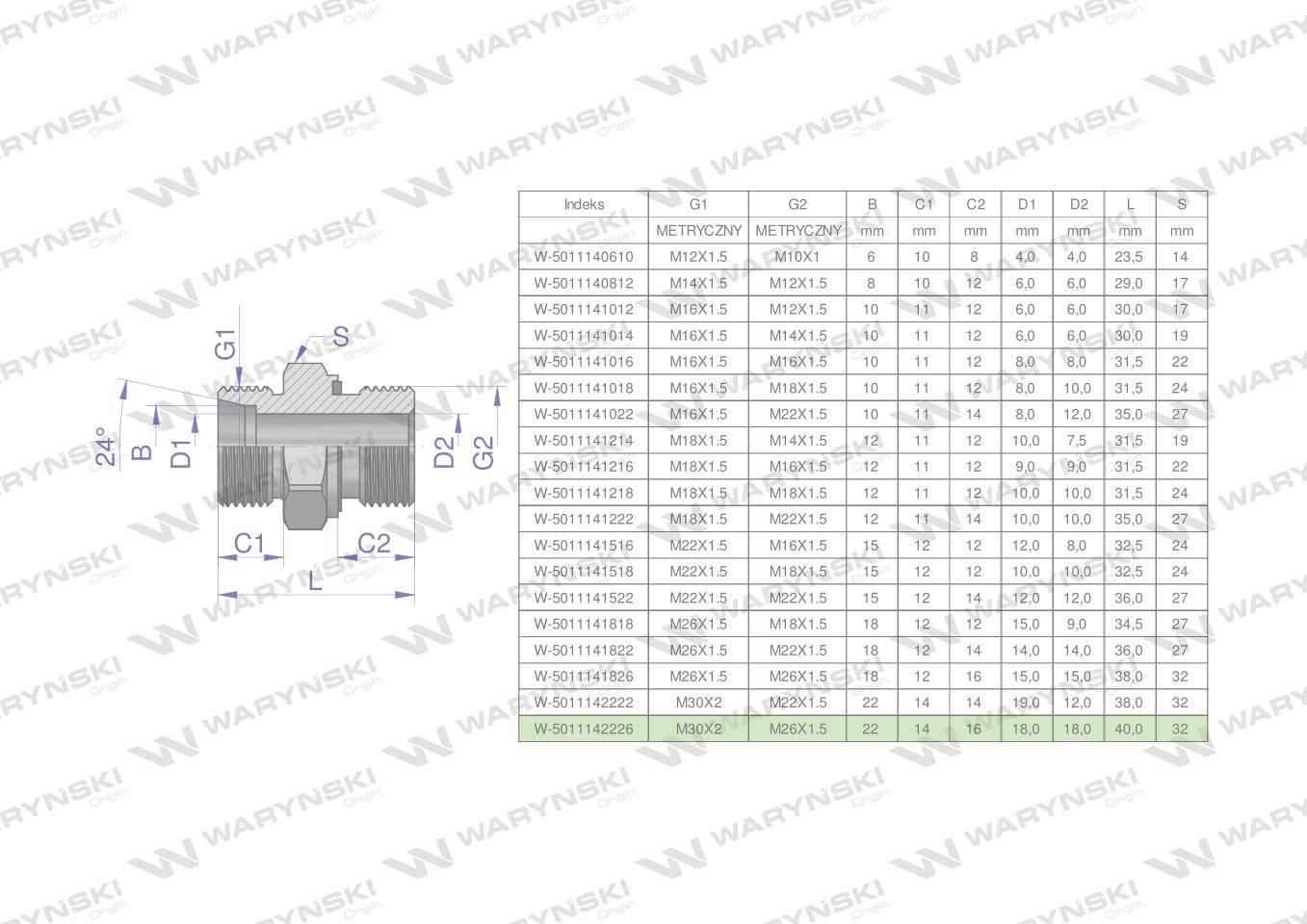 Przyłączka hydrauliczna metryczna BB (XGE) M30x2 22L x M26x1.5 ED Waryński