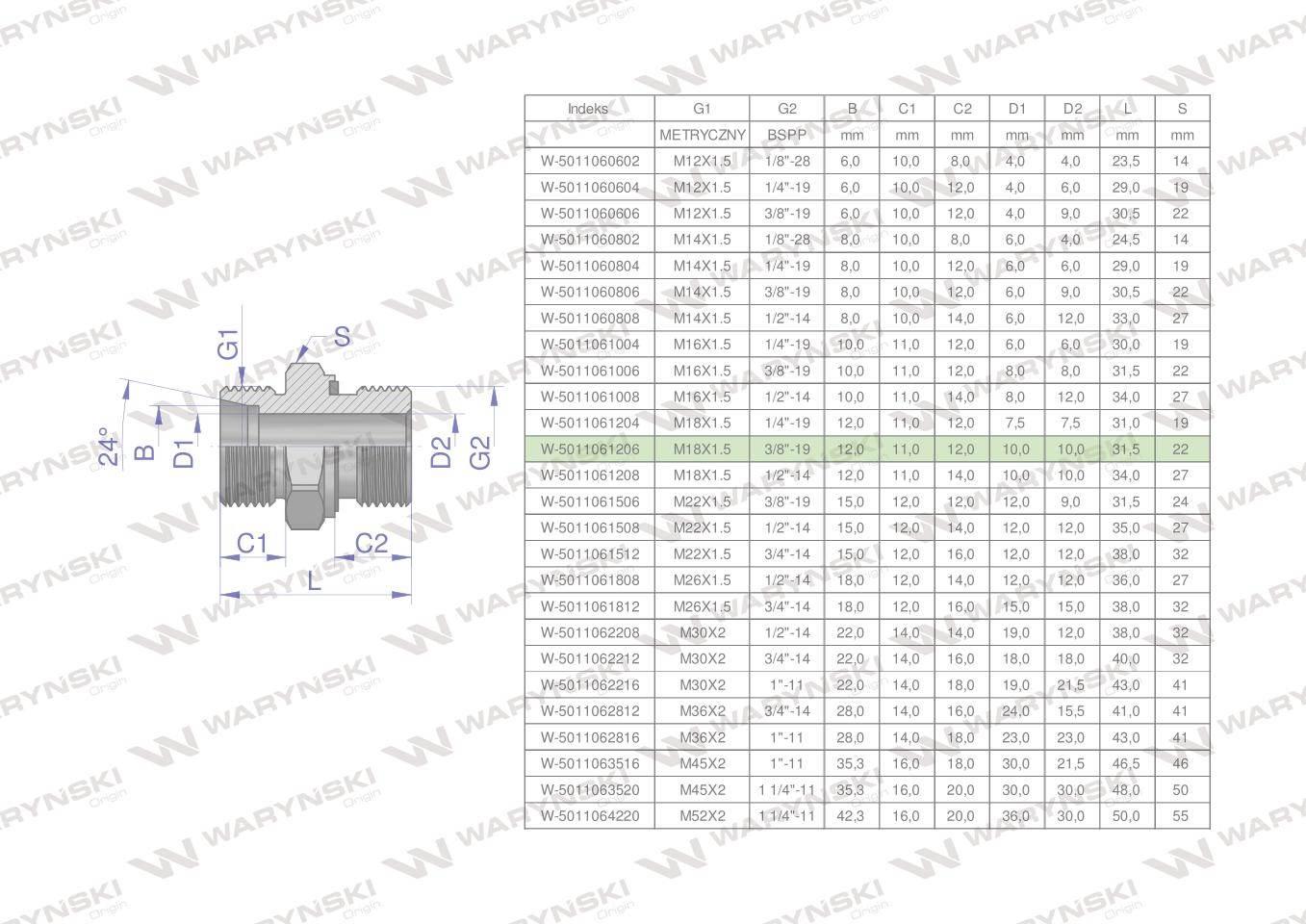Przyłączka hydrauliczna BB (XGE) M18x1.5 12L x 3/8" BSP ED Waryński 10szt