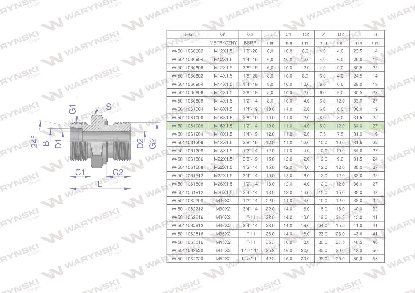 Przyłączka hydrauliczna BB (XGE) M16x1.5 10L x 1/2" BSP ED Waryński 10szt