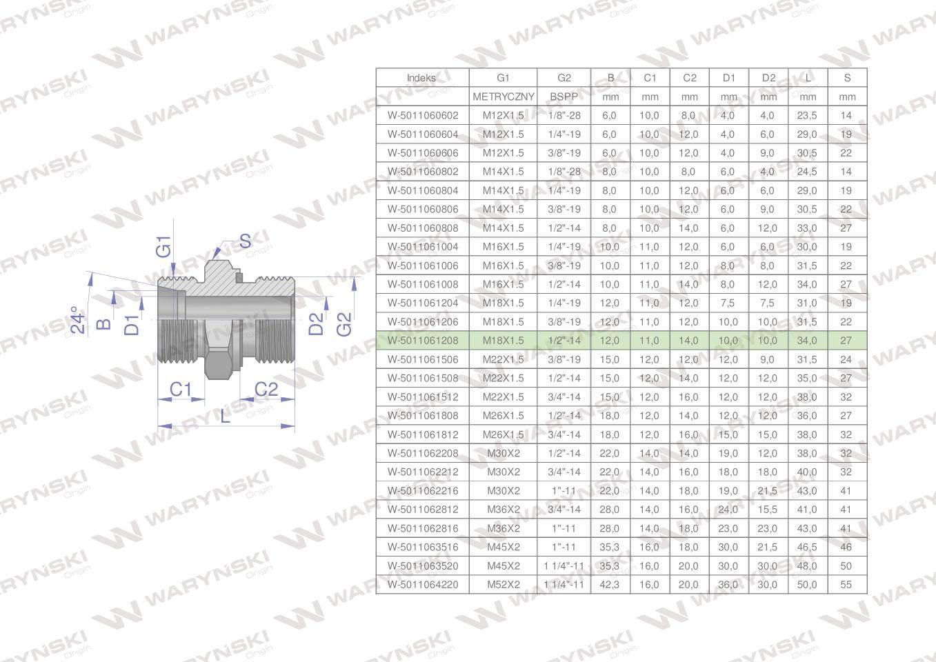 Przyłączka hydrauliczna BB (XGE) M18x1.5 12L x 1/2" BSP ED Waryński 10szt