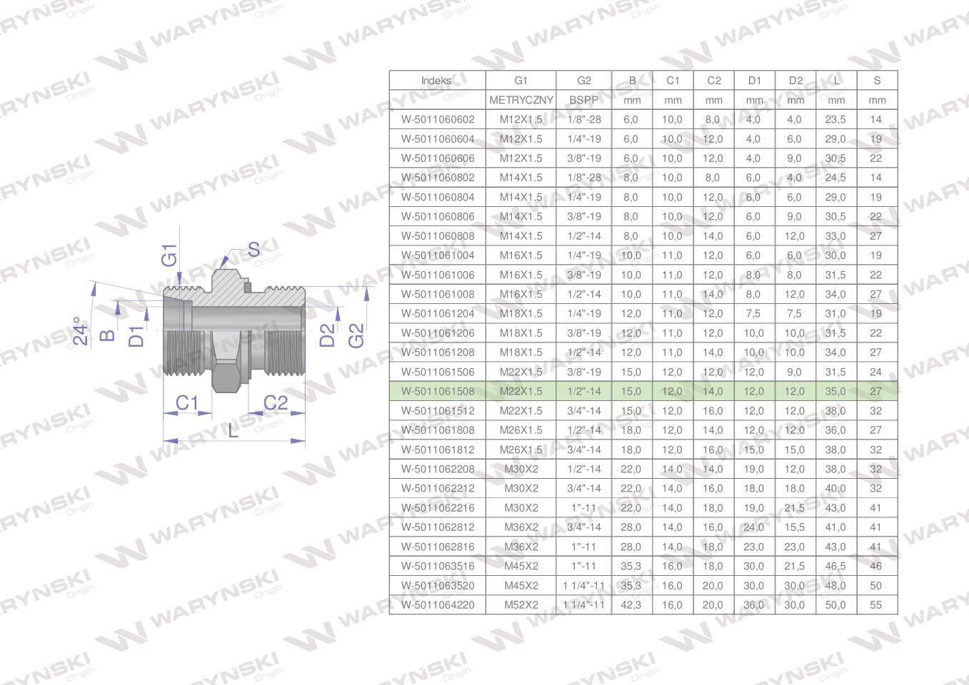 Przyłączka hydrauliczna BB (XGE) M22x1.5 15L x 1/2" BSP ED Waryński 10szt