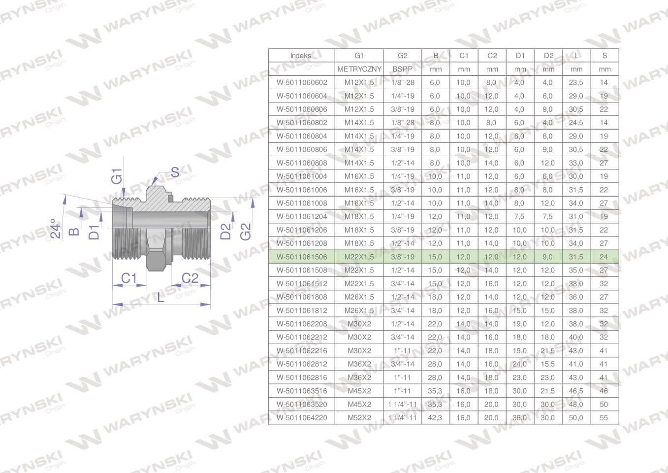 Przyłączka hydrauliczna BB (XGE) M22x1.5 15L x 3/8" BSP ED Waryński 10szt
