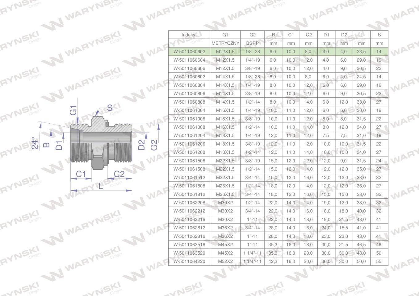 Przyłączka hydrauliczna BB (XGE) M12x1.5 06L x 1/8" BSP ED Waryński 10szt