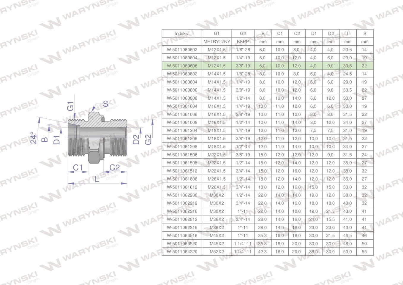 Przyłączka hydrauliczna BB (XGE) M12x1.5 06L x 3/8" BSP ED Waryński 5szt