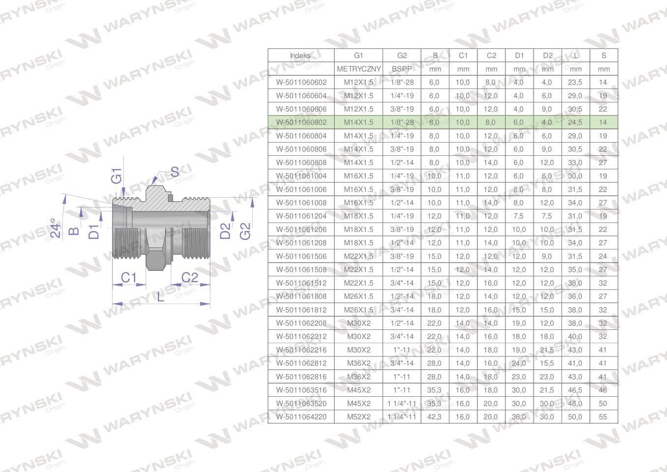 Przyłączka hydrauliczna BB (XGE) M14x1.5 08L x 1/8" BSP ED Waryński 5szt