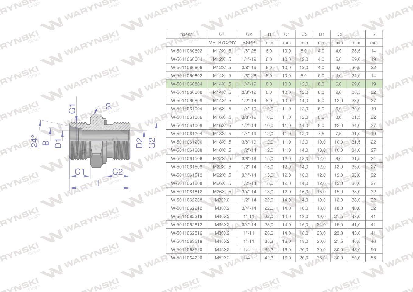 Przyłączka hydrauliczna BB (XGE) M14x1.5 08L x 1/4" BSP ED Waryński 5szt