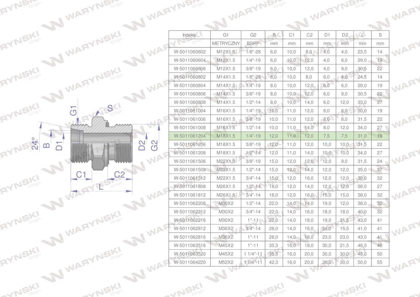 Przyłączka hydrauliczna BB (XGE) M18x1.5 12L x 1/4" BSP ED Waryński 10szt