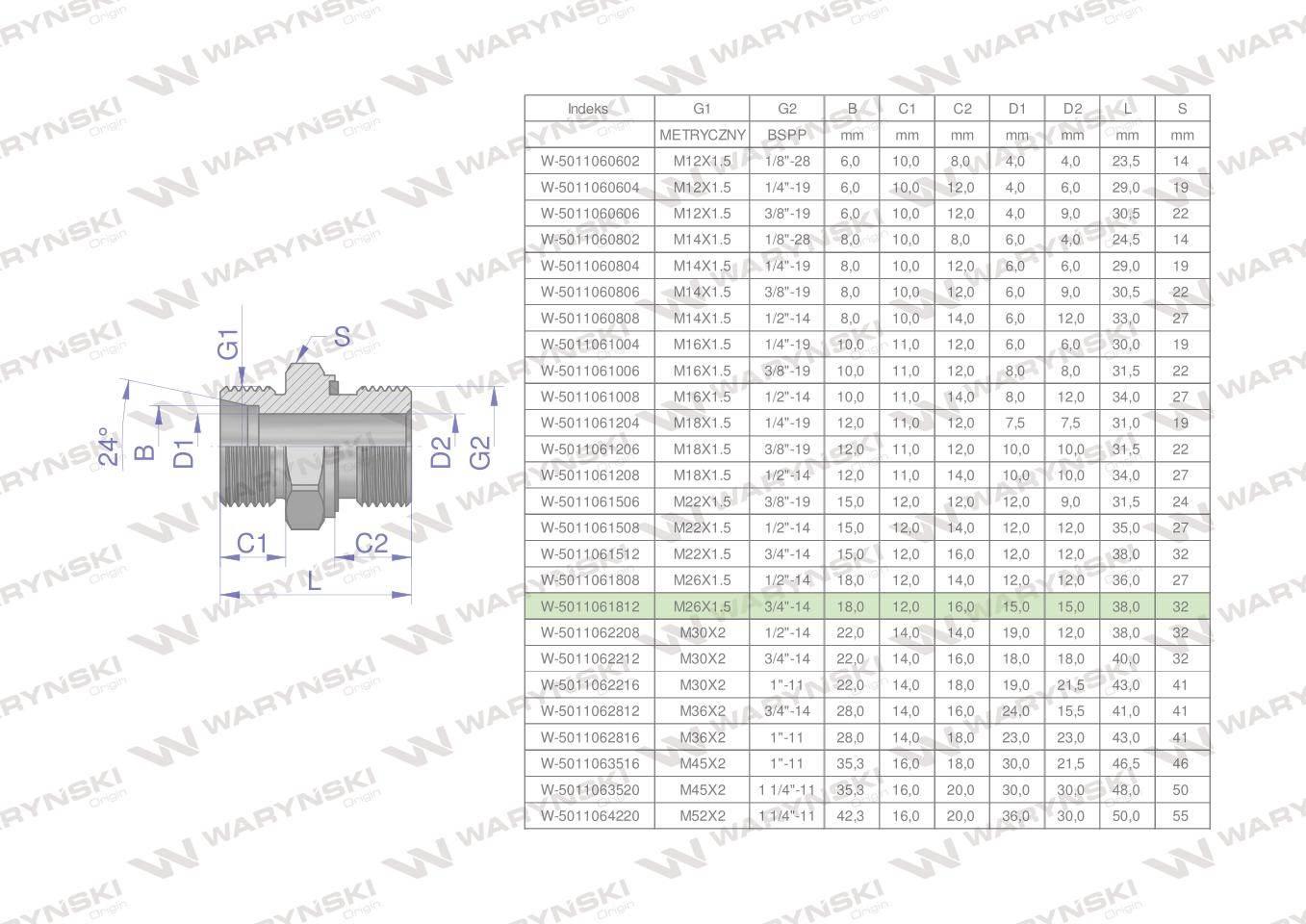 Przyłączka hydrauliczna BB (XGE) M26x1.5 18L x 3/4" BSP ED Waryński 2szt