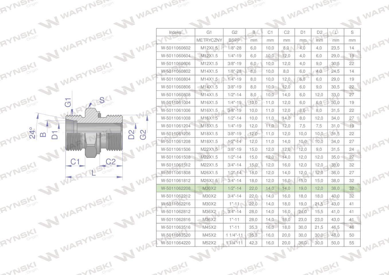 Przyłączka hydrauliczna BB (XGE) M30x2 22L x 1/2" BSP ED Waryński 2szt