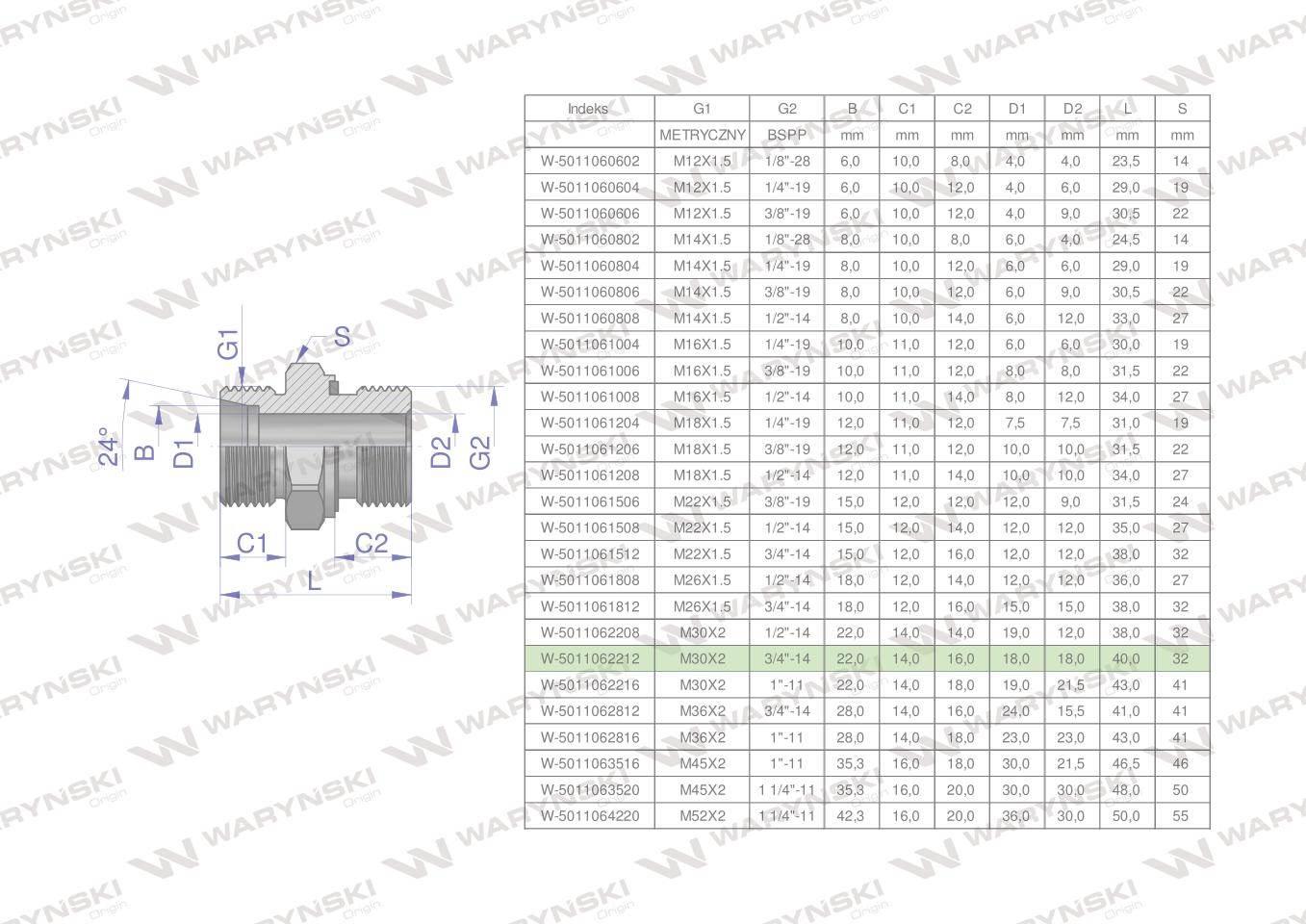 Przyłączka hydrauliczna BB (XGE) M30x2 22L x 3/4" BSP ED Waryński 2szt