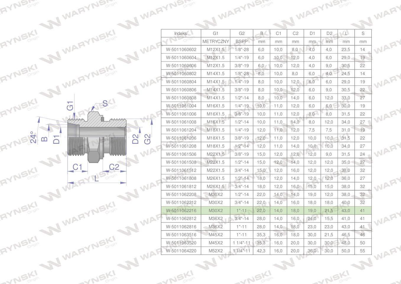 Przyłączka hydrauliczna BB (XGE) M30x2 22L x 1" BSP ED Waryński 2szt